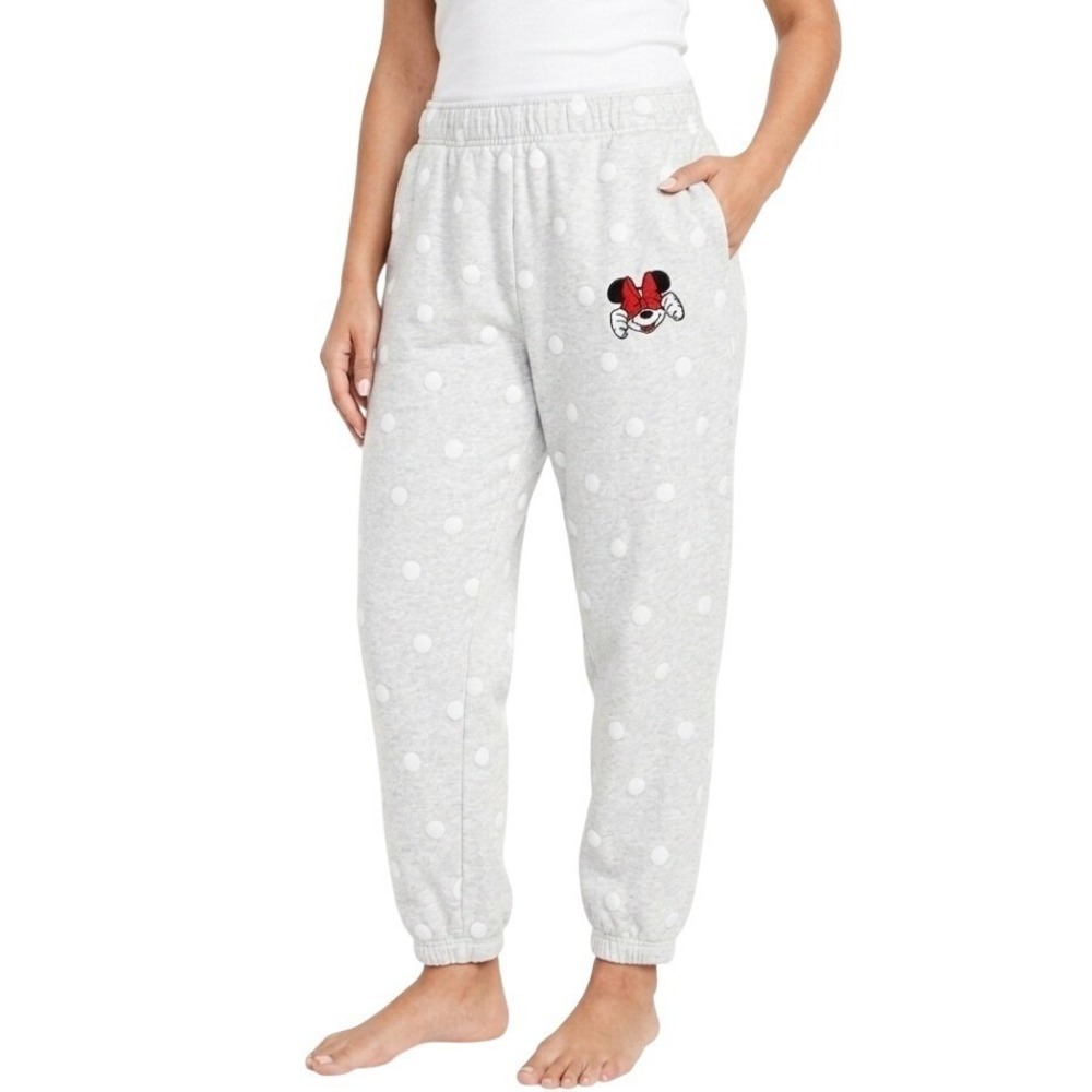 Disney Sweatpants Women L Gray Polka Dot Minnie Mouse Fleece Joggers Cozy Casual